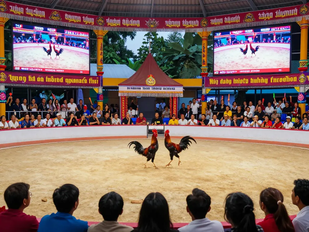 Exciting scene of trực tiếp đá gà thomo with black roosters fighting in a vibrant arena