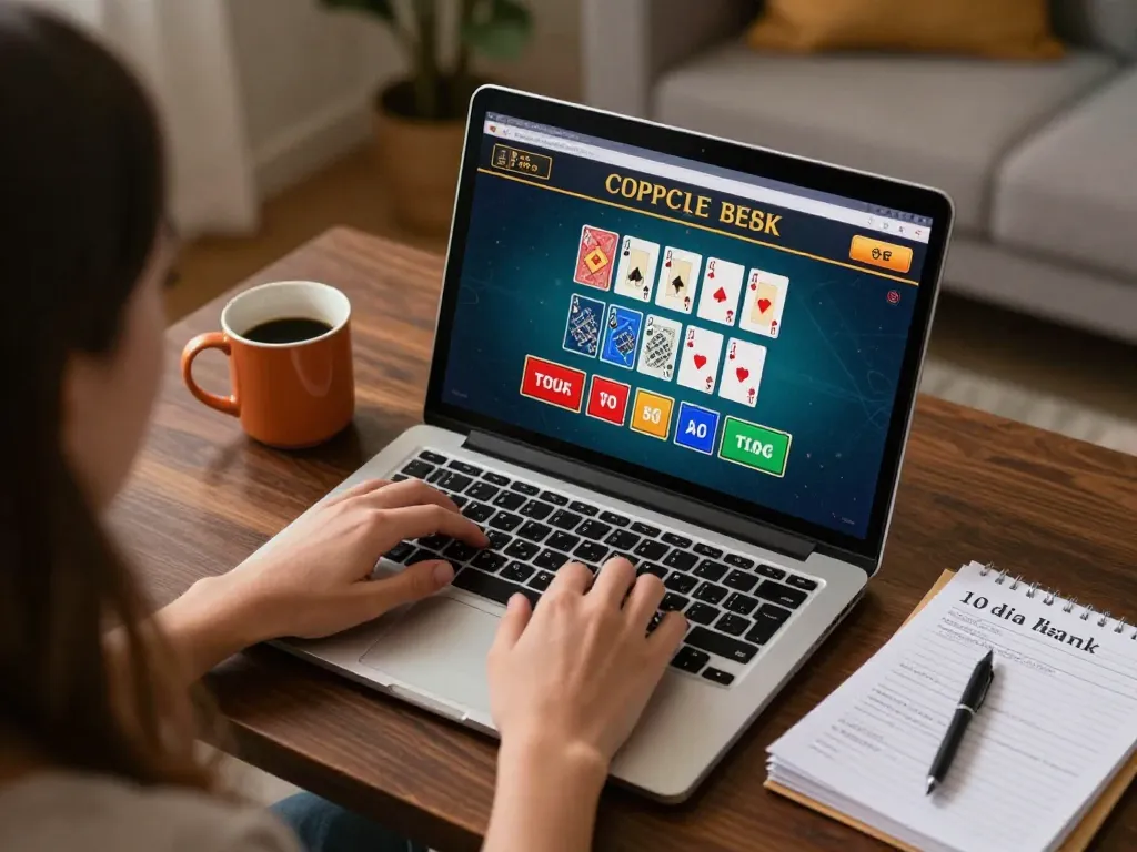 3win player engaging in online blackjack game with strategy notes in a cozy home setting