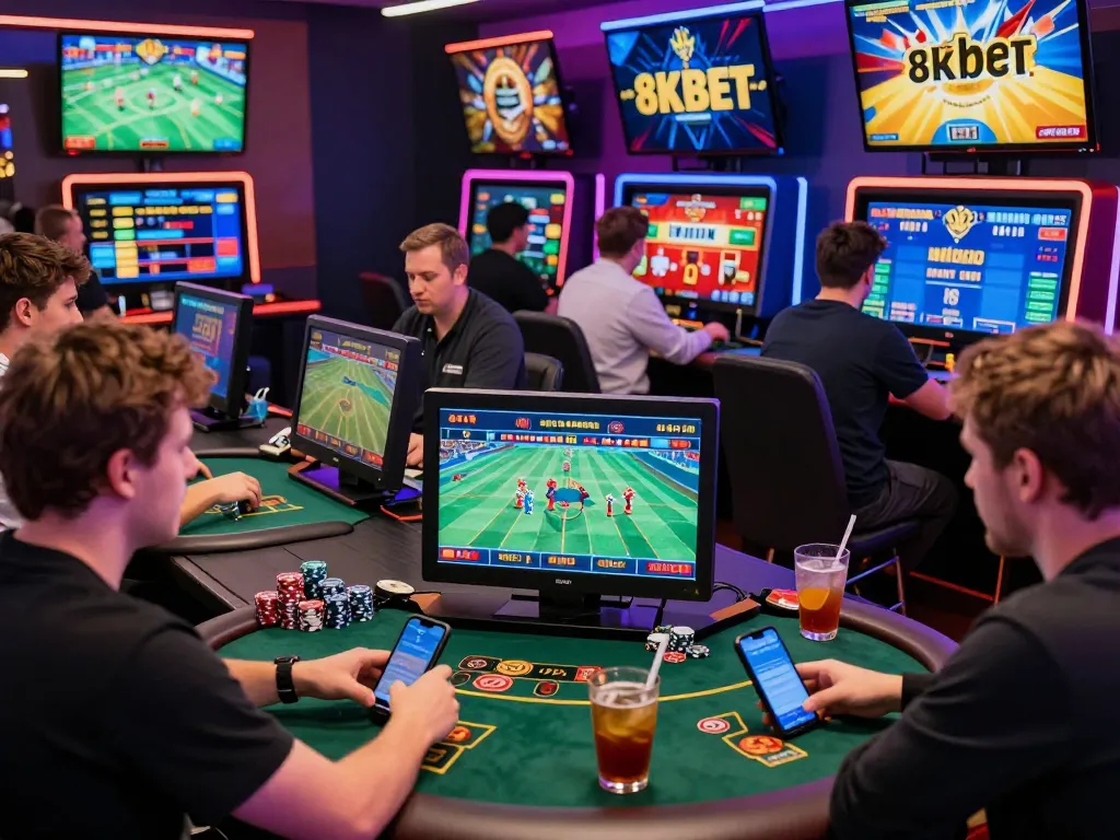 8kbet users excitedly engaging in online betting activities with vibrant atmosphere and technology