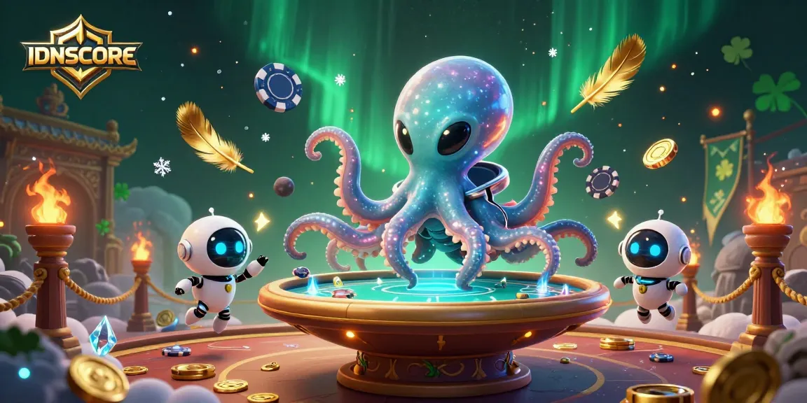 IDNSCORE alien octopus competes at a holographic poker table, surrounded by gold and cosmic elements.