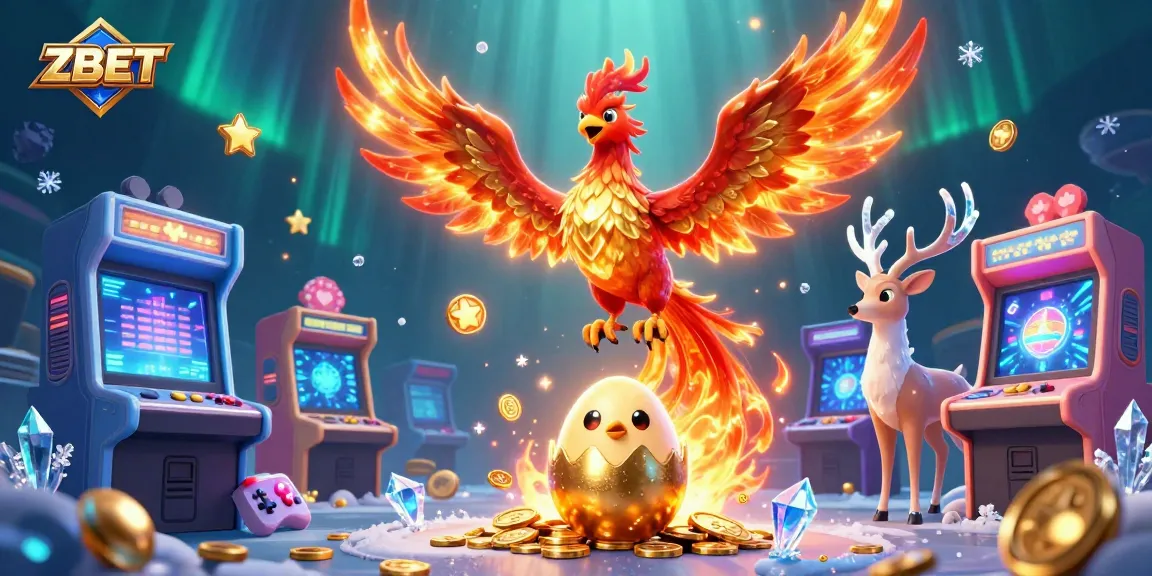 ZBET gaming scene with a phoenix and stag, highlighting vibrant casino elements and arcade machines.