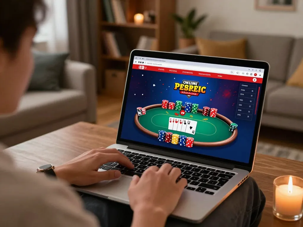 Goal123 user engaging with online poker game on laptop in a cozy home setting.