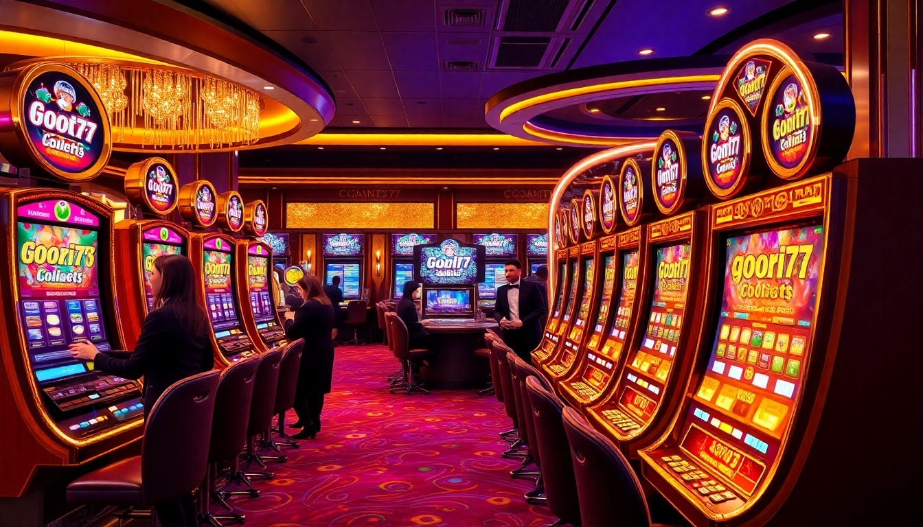 Players experiencing the excitement of gori77 slot machines in a luxury casino atmosphere.