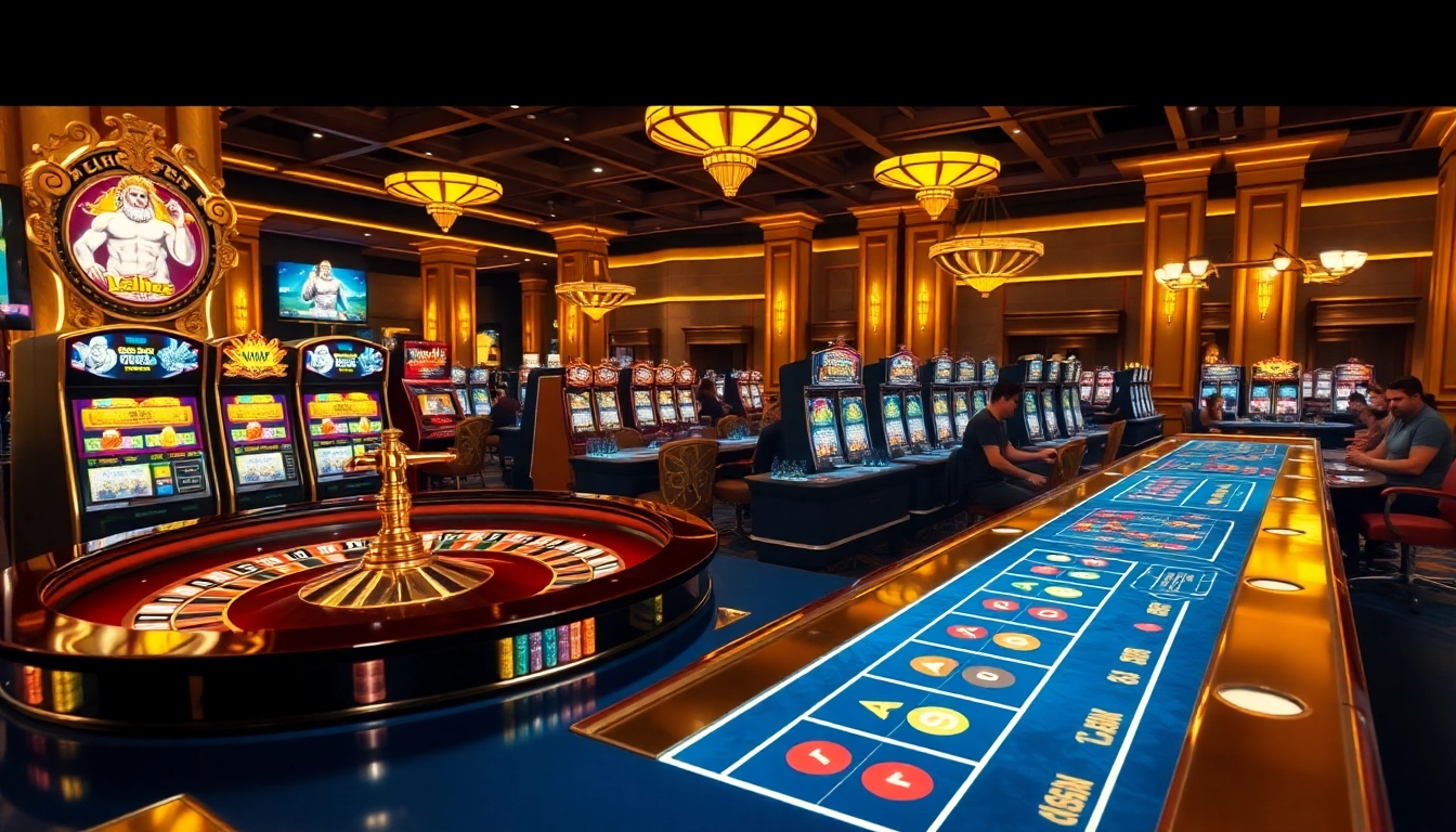 Mesin slot yang menarik dan permainan roulette di pengaturan kasino mewah yang menampilkan warna-warna cerah dan tema mitologi Yunani.