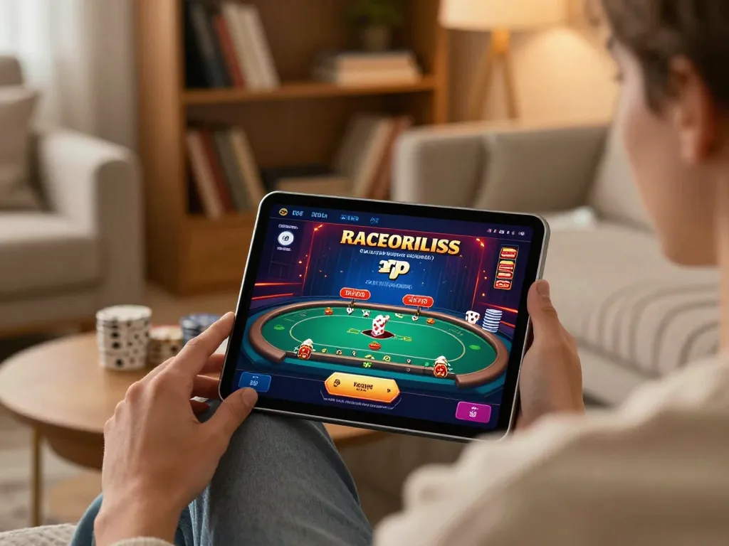 Engaging in poker gameplay on JUN88 casino app from a cozy home environment.