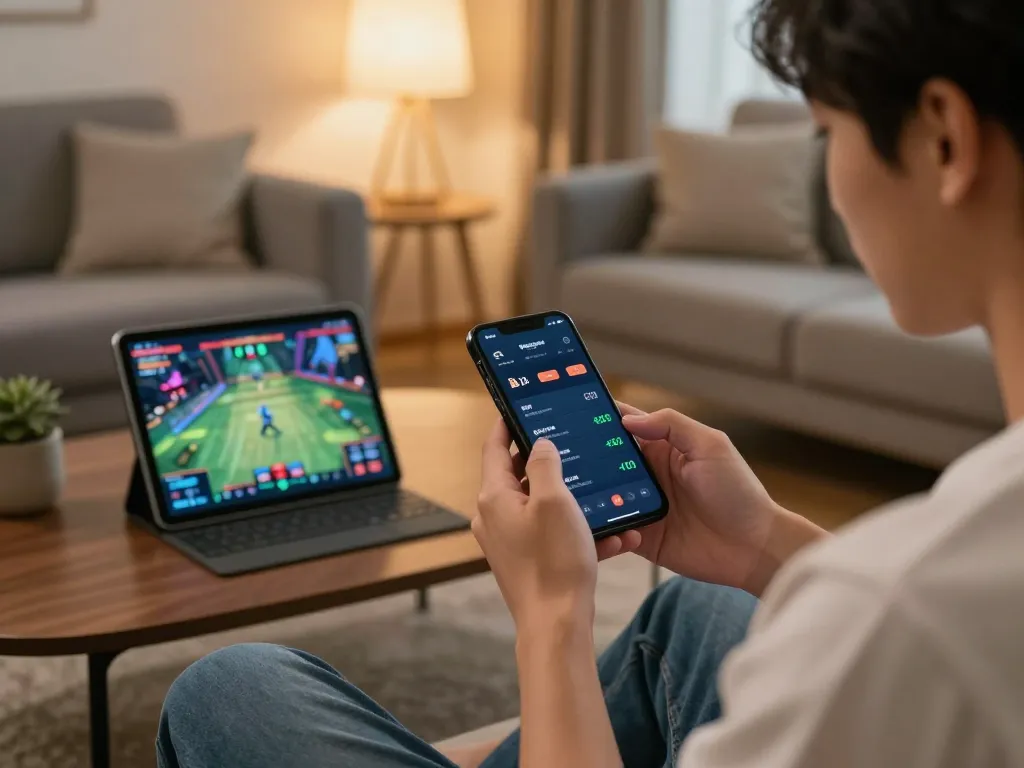 Engaging in esports betting singapore via a mobile app in a cozy living room setting.