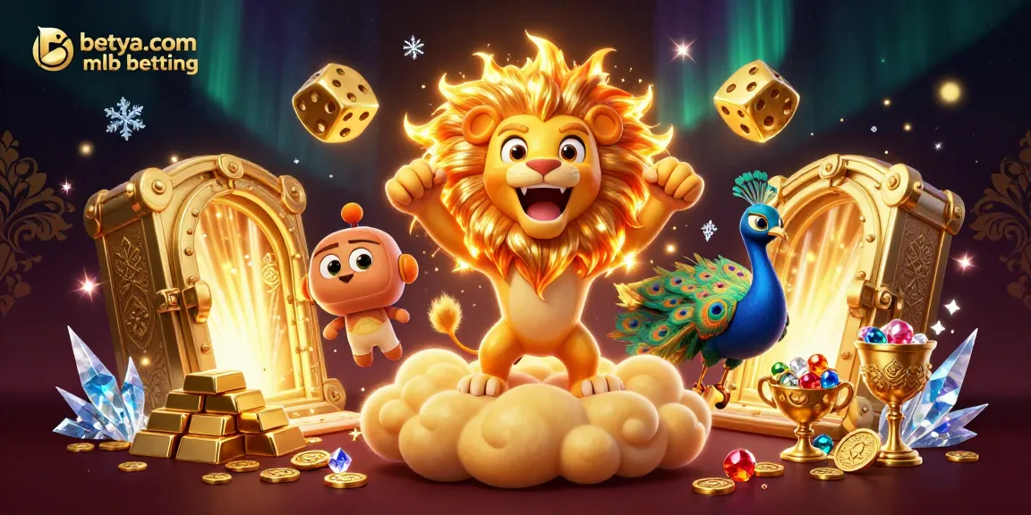 Betya.com MLB betting game scene showcasing a roaring sun lion and golden dice in a vibrant 3D illustration.