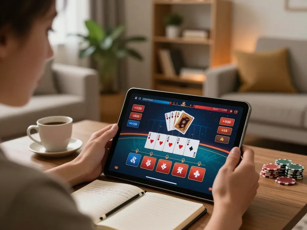 Engaged player enjoying Lc88 Vina poker game on tablet in cozy home setting