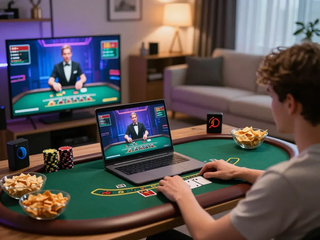 Player engaging in a live dealer game through lmhistory, showcasing a warm home gaming atmosphere.
