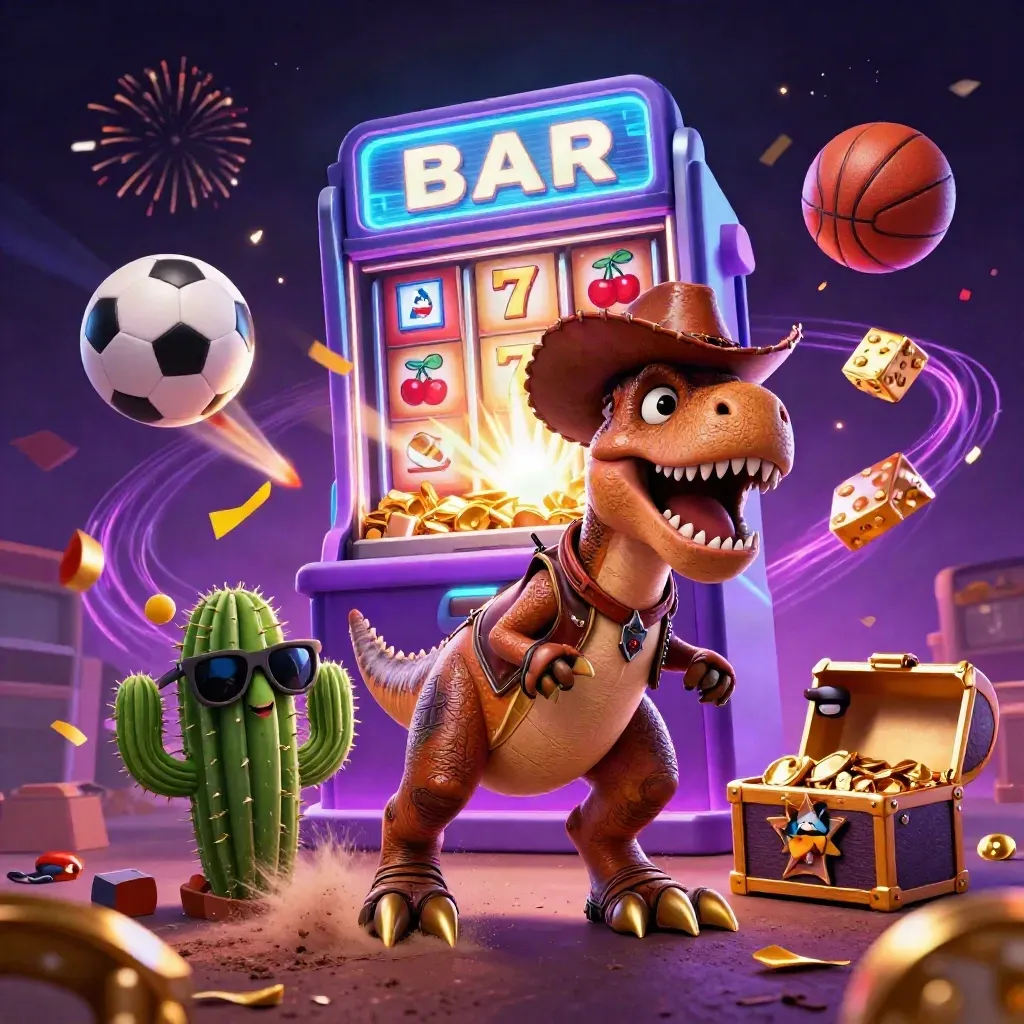 Cowboy T-Rex, cactus, and roadrunner amid slot bursts, balls, dice, and gold in neon purple light.