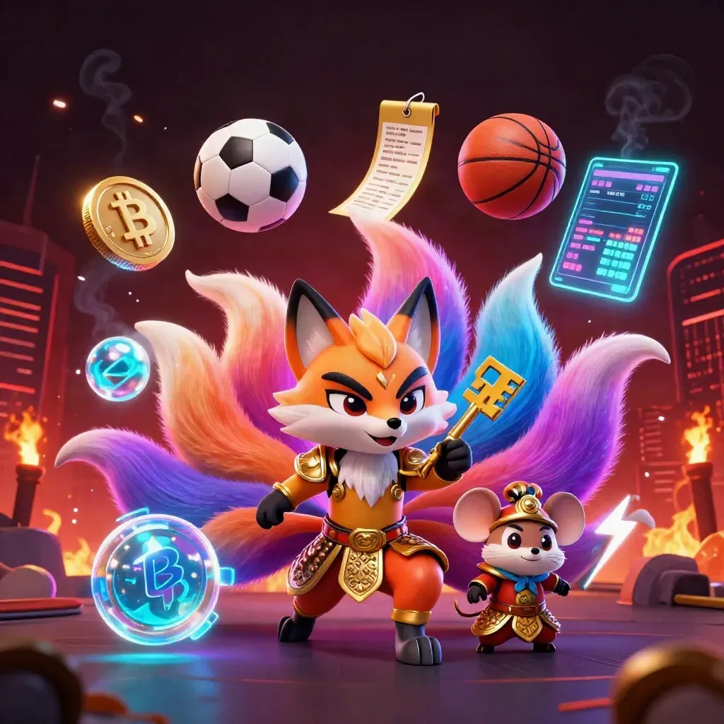 Neon fox spirit and armored mouse amid flying sports balls, crypto coins, and electric casino effects.