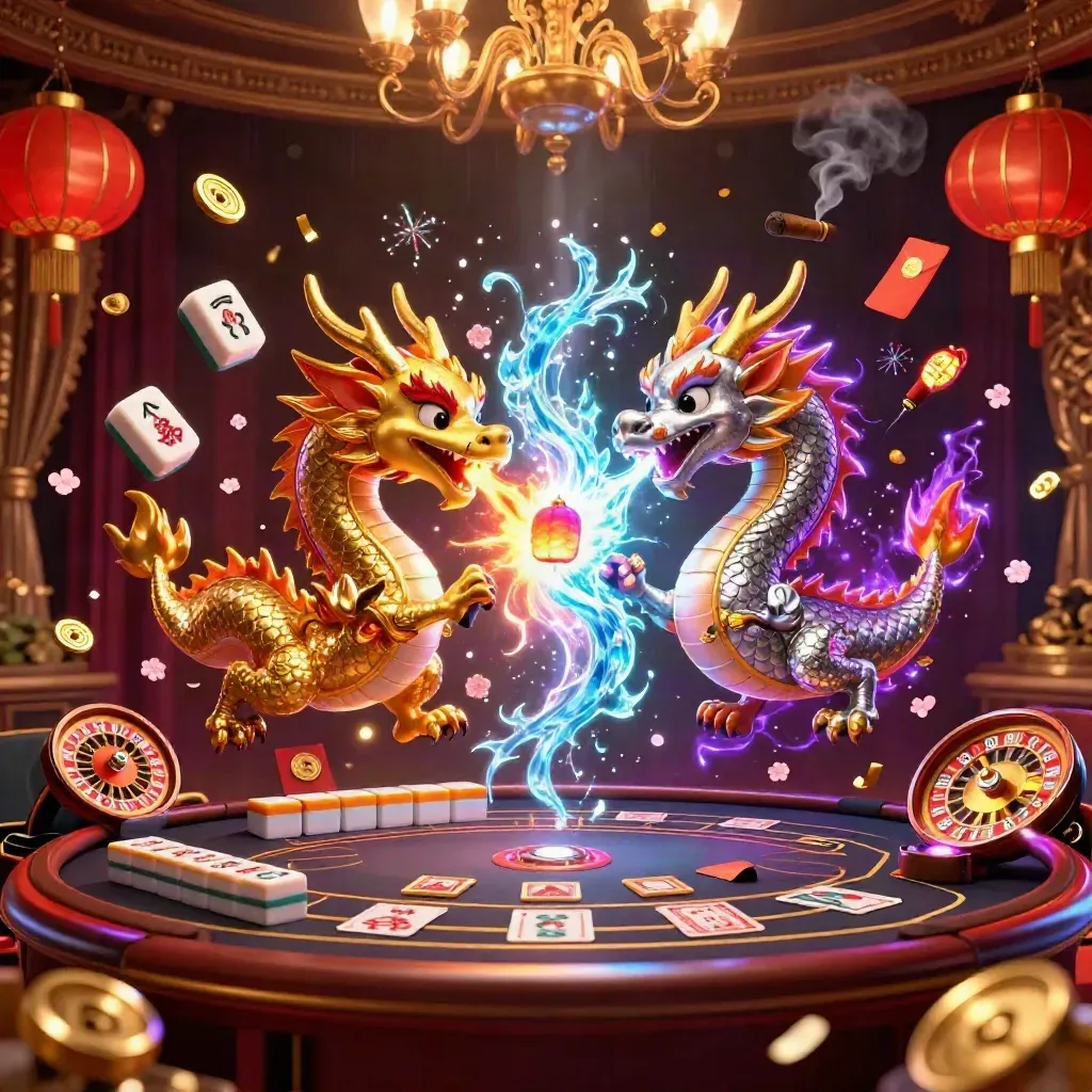 Twin gold and silver dragons orbit a lantern spirit in a luxe neon casino room with glowing cards.