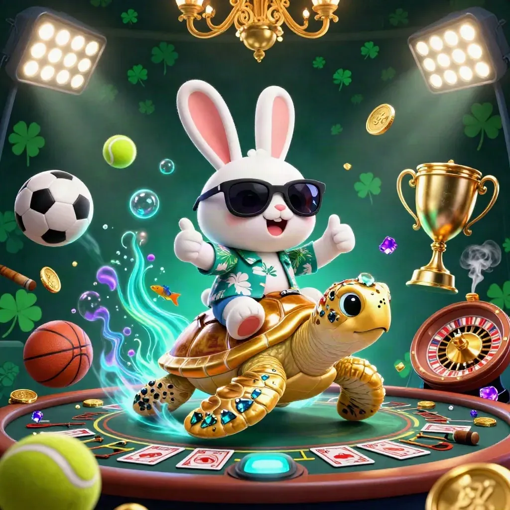 Lucky rabbit on golden sea turtle amid casino lights, sports balls, coins, and neon underwater glow.