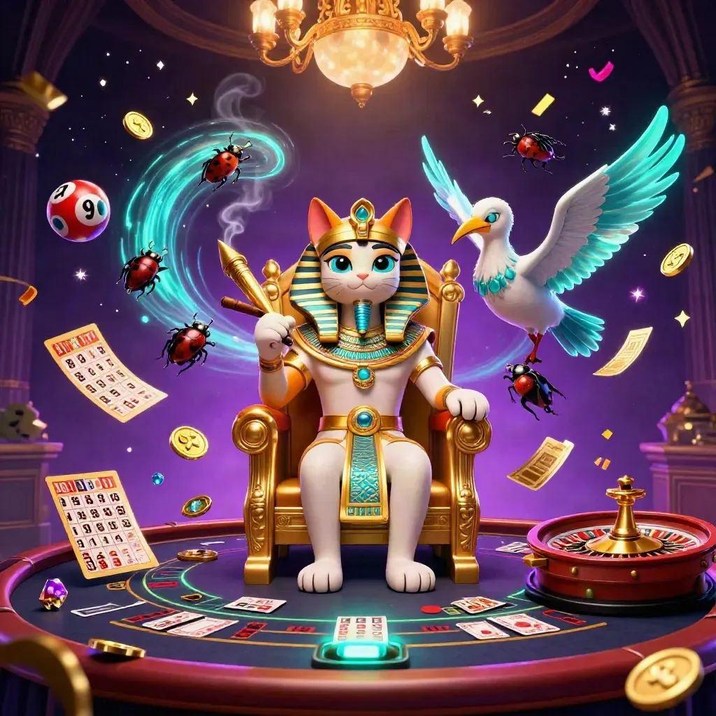 Pharaoh cat, ibis scribe, and gem-winged scarabs in a neon casino room