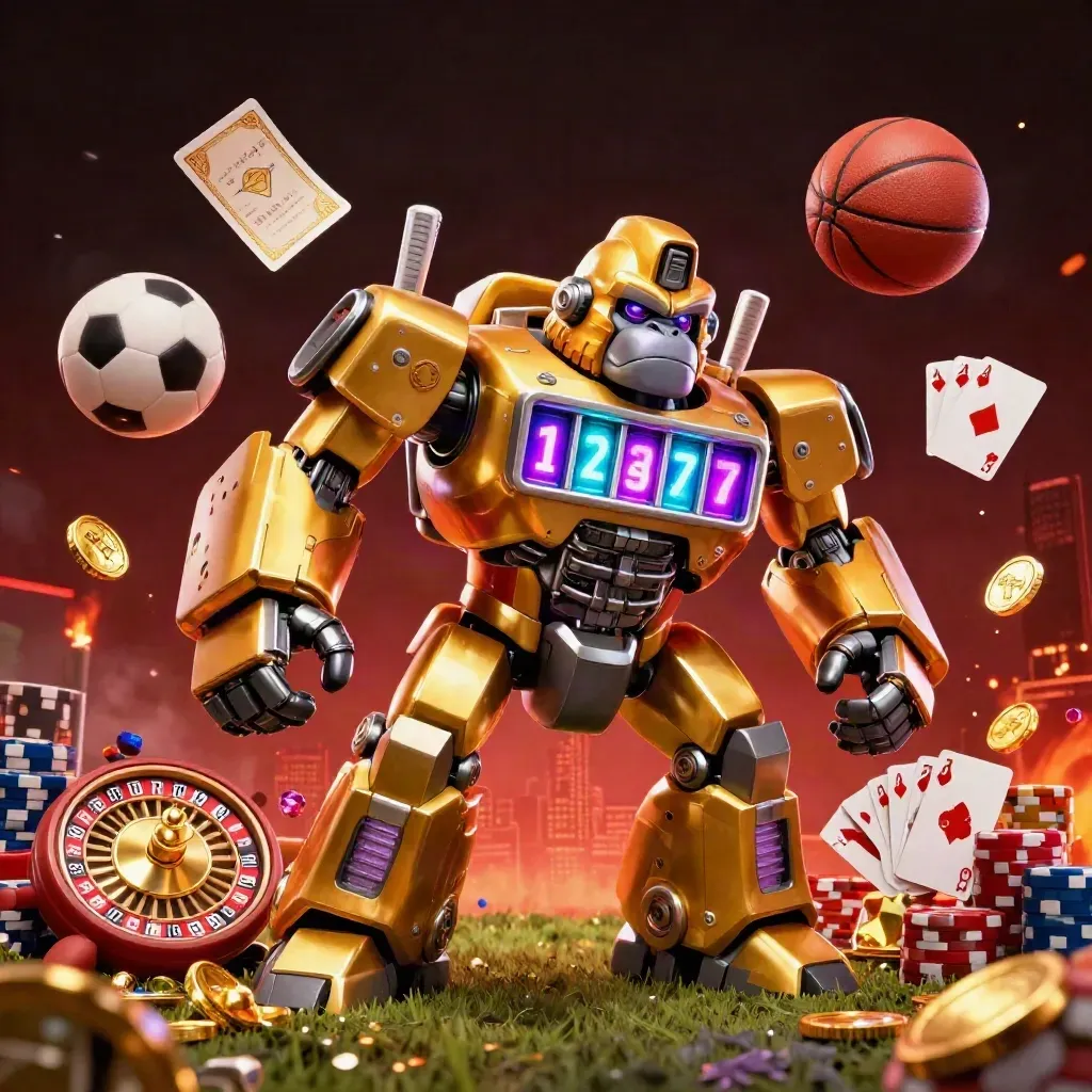 Golden gorilla mech with slot reels, coins, cards, roulette, and sports balls in a neon casino blast.