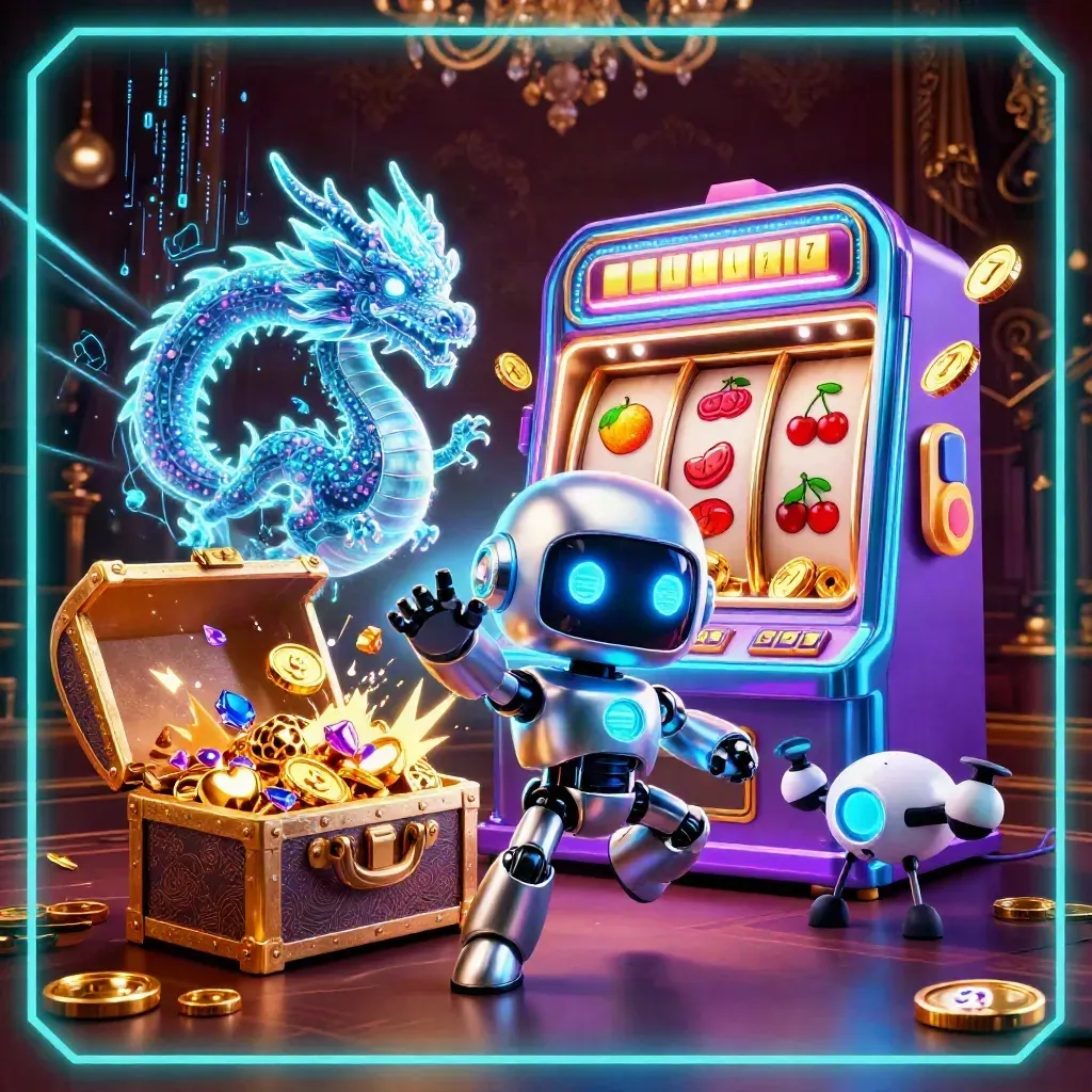 Cyberpunk robot, holographic dragon and coin drone amid exploding slot machine, gold, gems and neon cyan
