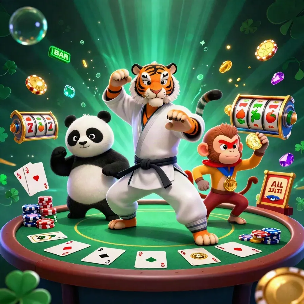 Tiger, panda, and monkey martial-arts mascots burst amid poker chips, cards, reels, and glowing gems.