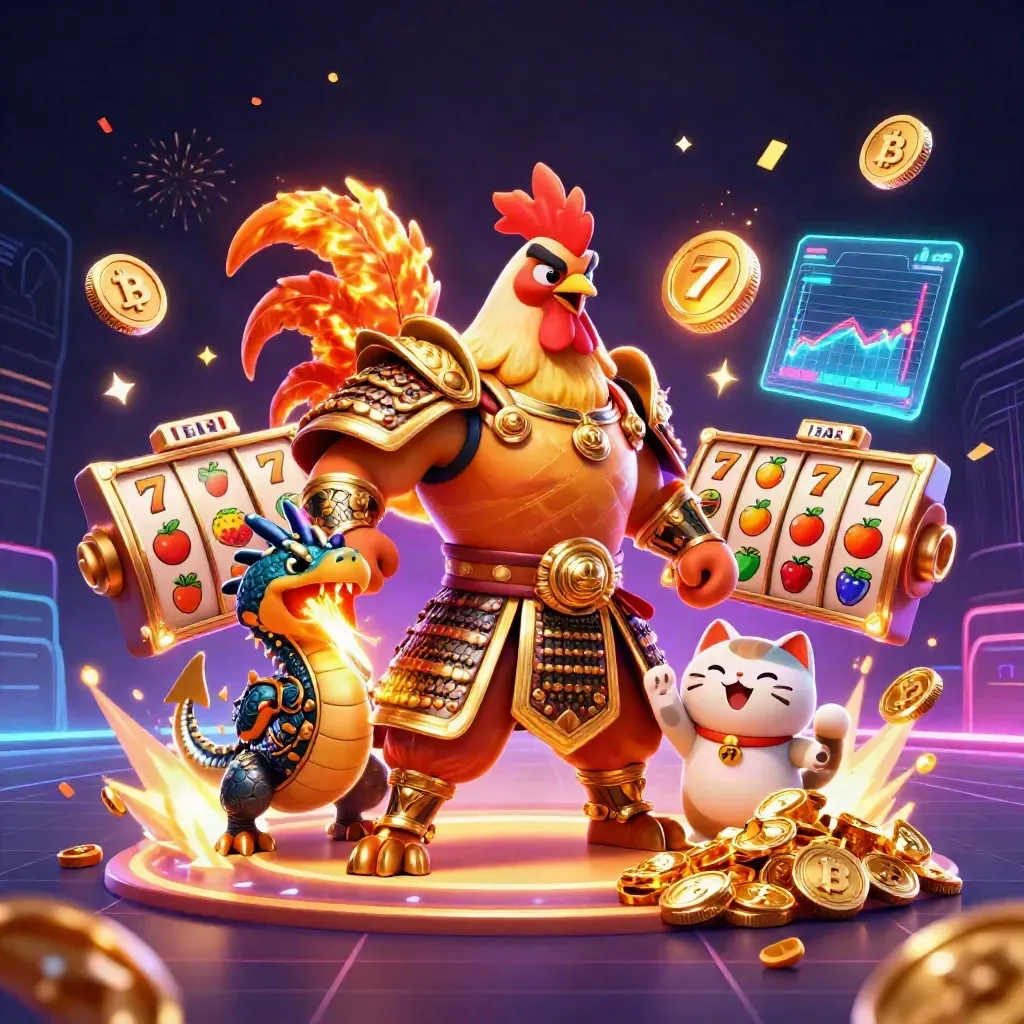 Rooster warrior, dragon hatchling, and fortune-cat amid coins, fireworks, and casino power effects.