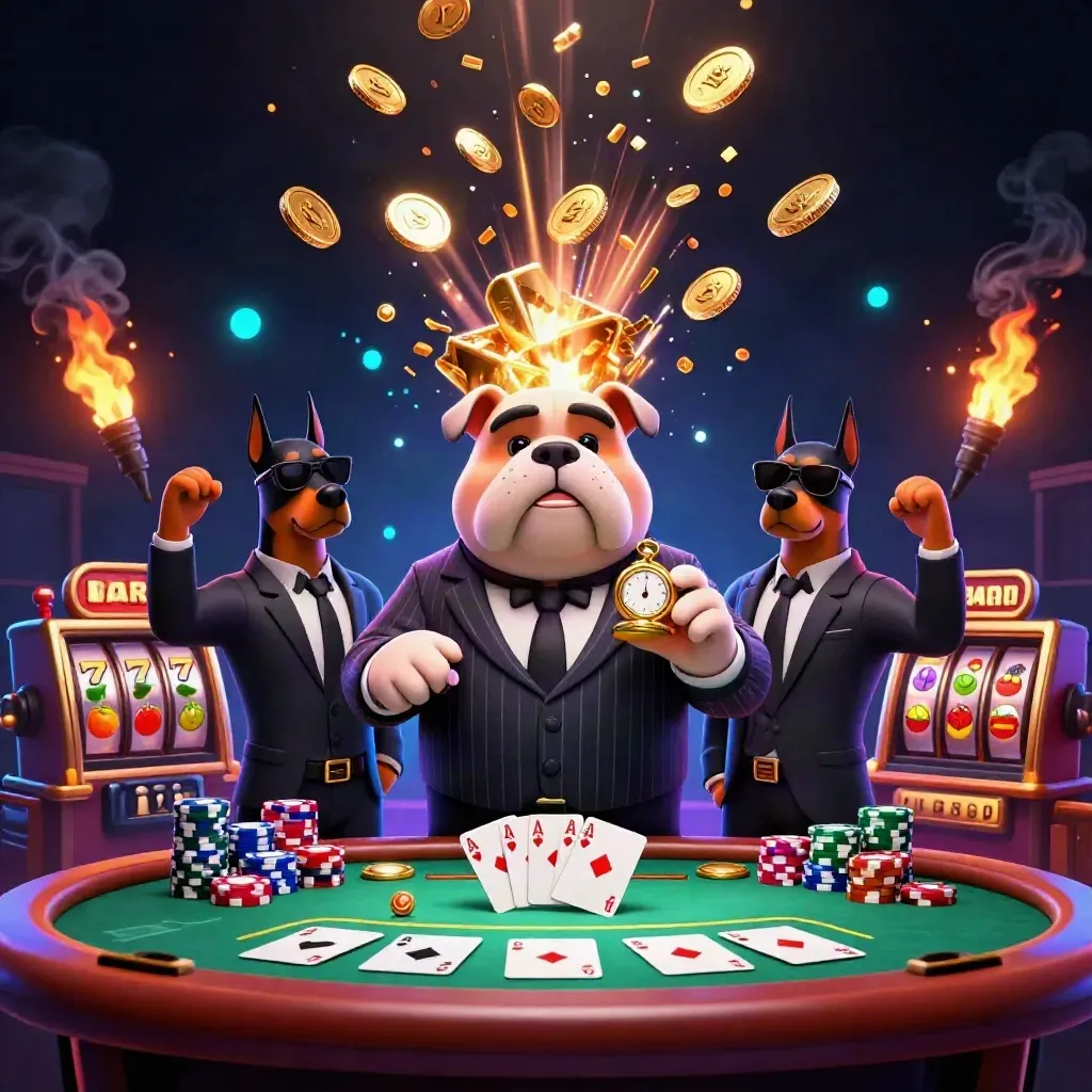 Bulldog boss and Doberman guards amid casino loot, chips, coins, fireworks, and slot reels.