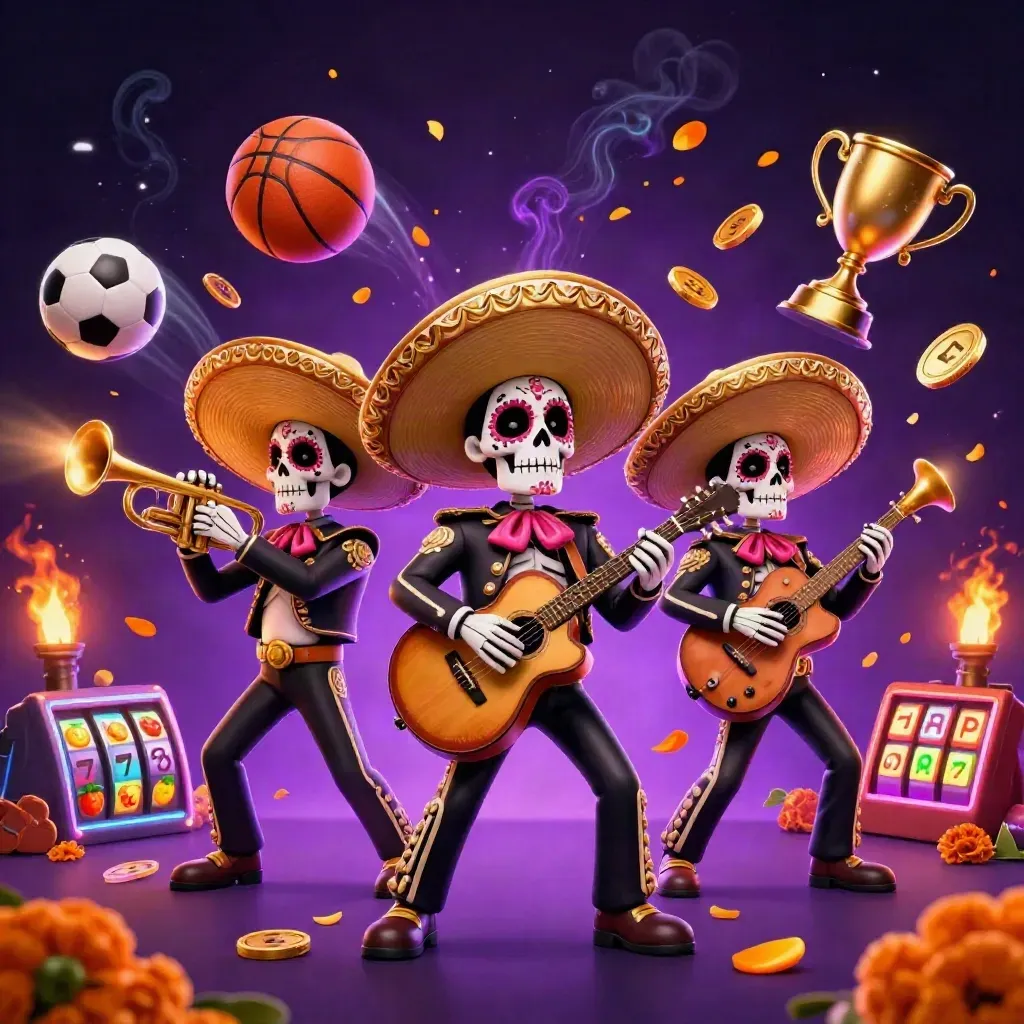 Skeleton mariachi trio with flying sports balls, coins, trophy, and neon casino energy