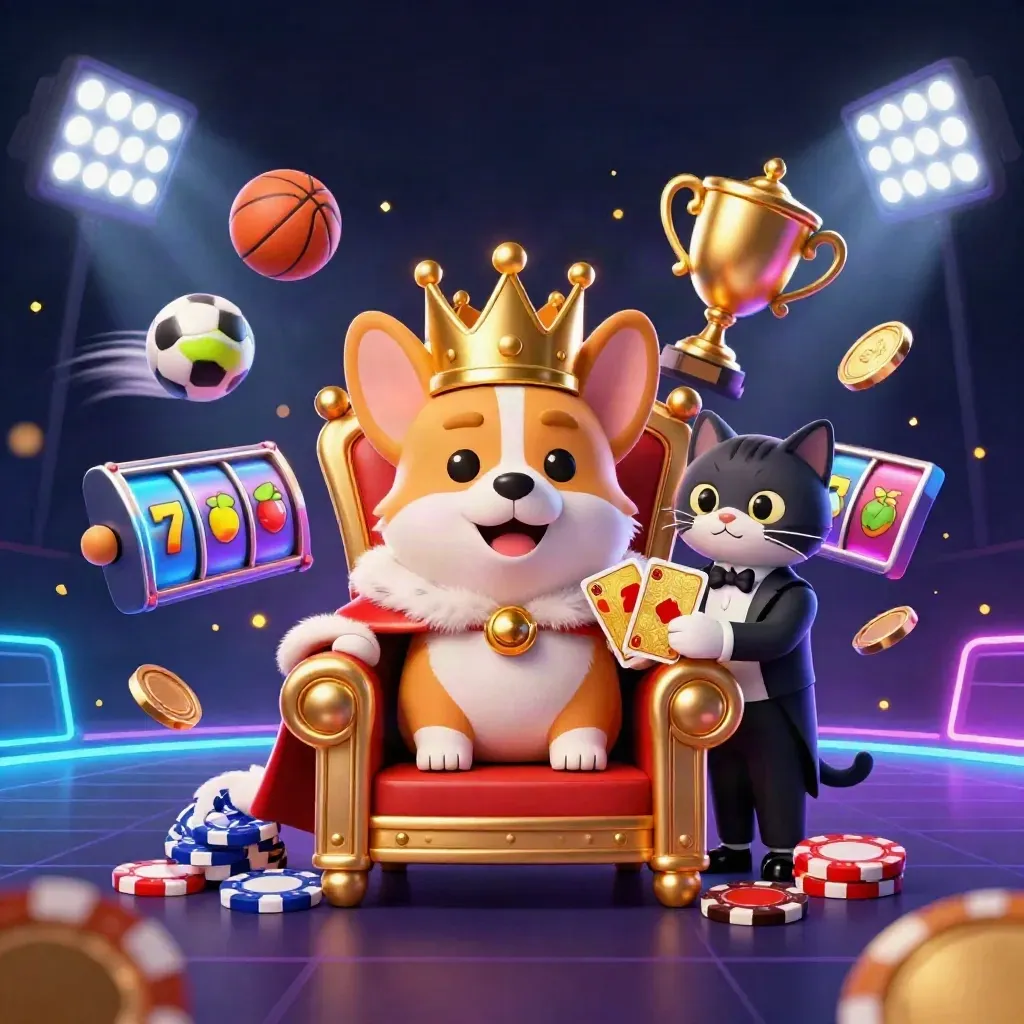 Royal corgi and cat butler on poker-chip throne amid casino sports chaos and neon lights
