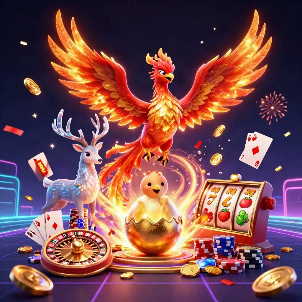 Phoenixes and a crystal stag amid coins, chips, cards, fireworks, and neon casino magic.