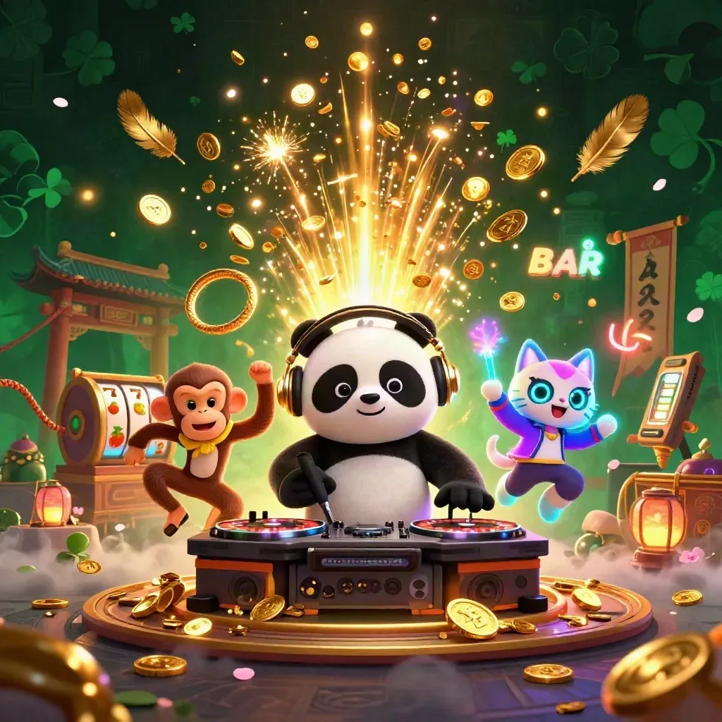 DJ panda, dancing monkey, and rave kitten amid coins, temple gate, and fireworks