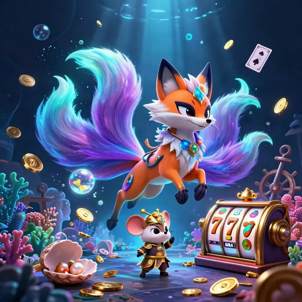 Nine-tailed neon fox spirit and golden samurai mouse in a glowing treasure cove with coins, coral, and reels