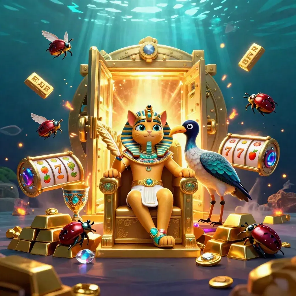 Pharaoh cat, ibis scribe, and scarab swarm amid gold, vault light, and casino reels.