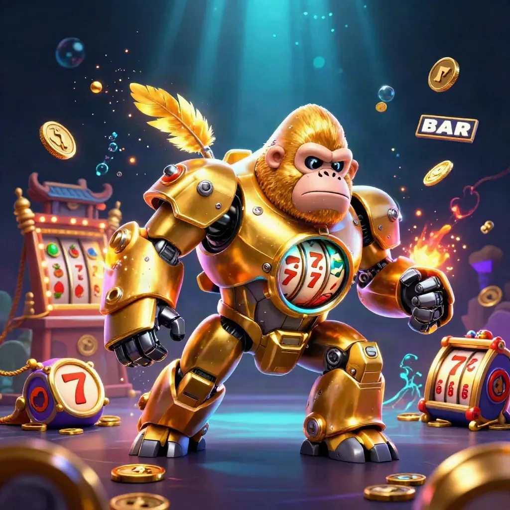 Golden gorilla mech with tiny monkey pilot amid coins, reels, and neon casino magic