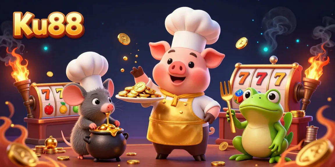Ku88 slots action with a pig chef presenting gold coins in a vibrant casino scene.