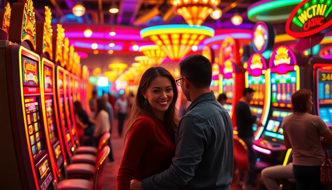 Betrupi ile canlı casino atmosferinde oyuncular heyecanla slot makinelerini deniyor.
