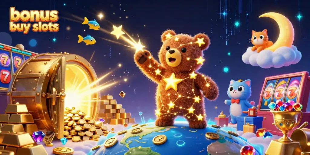 Experience thrilling bonus buy slots with animated golden stars, coins, and vibrant slot elements.