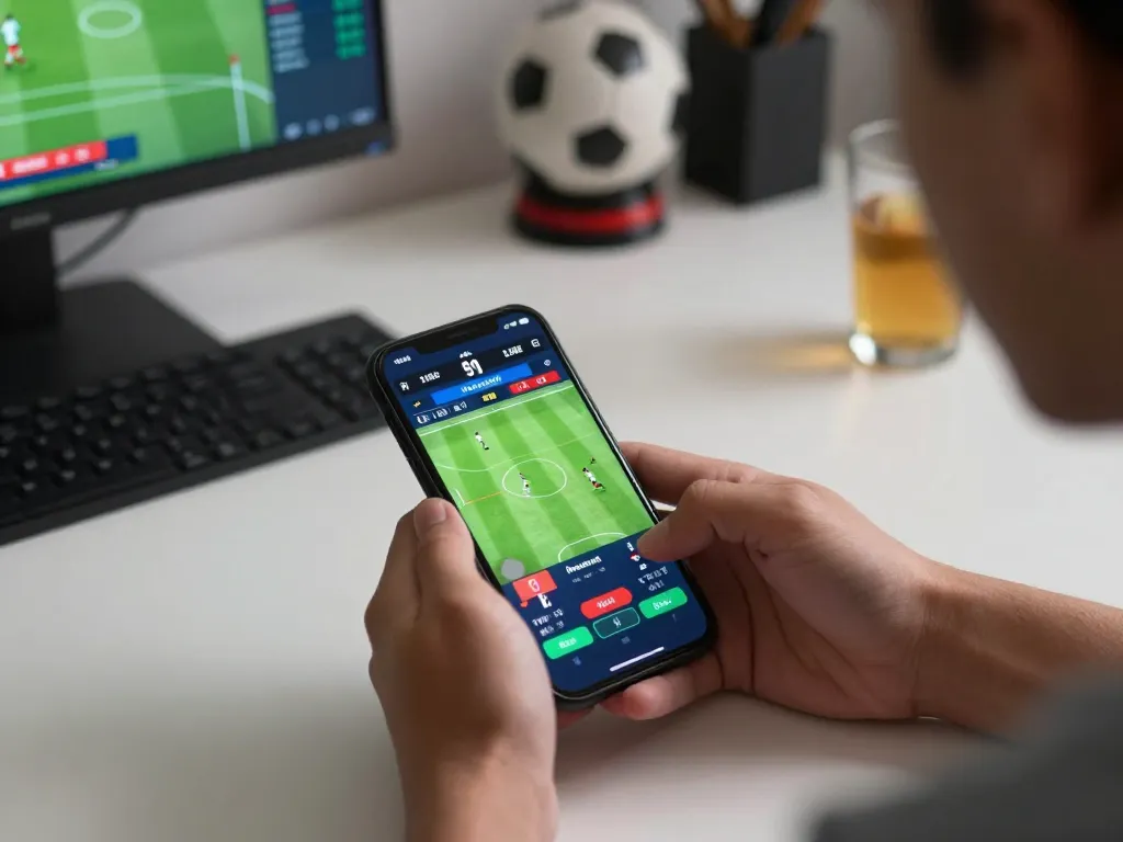 Pengguna SPBO melakukan taruhan olahraga langsung di smartphone, menampilkan skor dan odds taruhan secara real-time, di lingkungan modern.