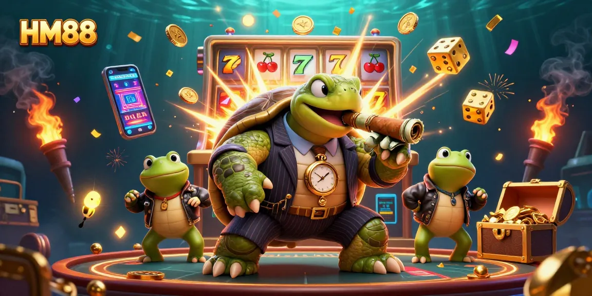 Experience thrilling slots at HM88 Casino with a fun 3D turtle and frog characters celebrating rich jackpots!