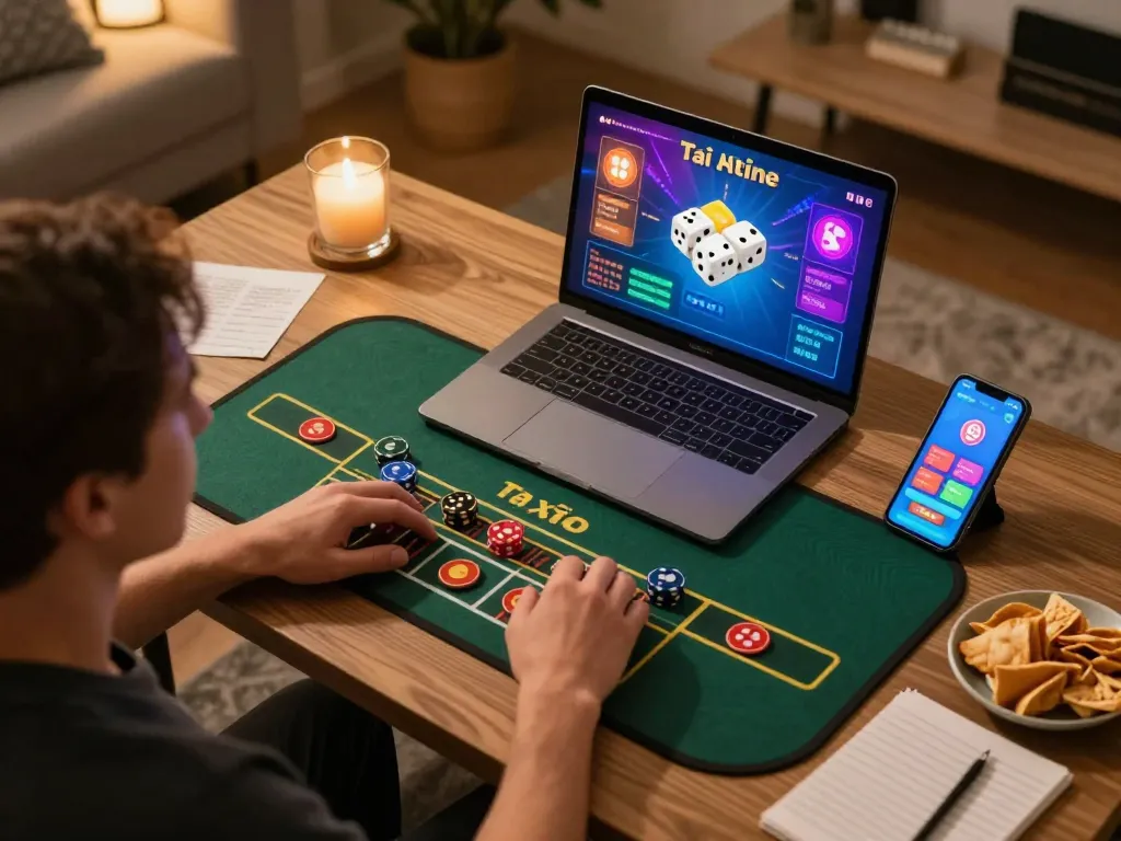 Tài xỉu online gaming session with dynamic laptop display and betting smartphone.