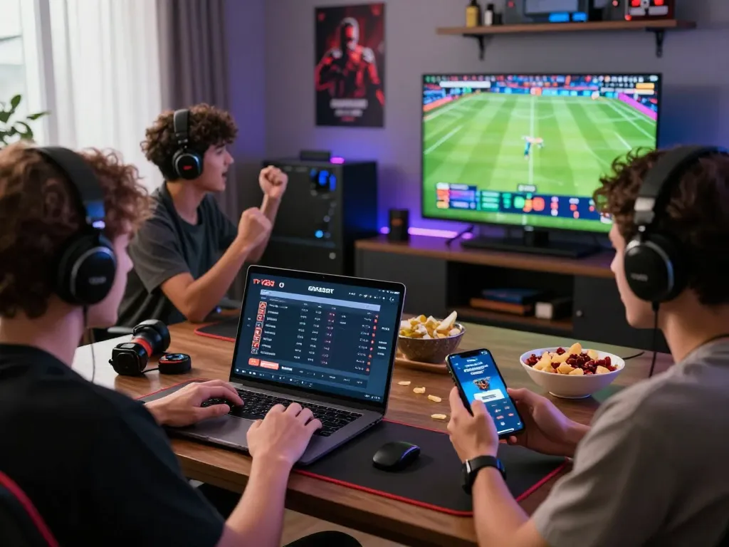 Friends enjoying TV88's online gaming experience with laptops and smartphone, vibrant gaming setup.