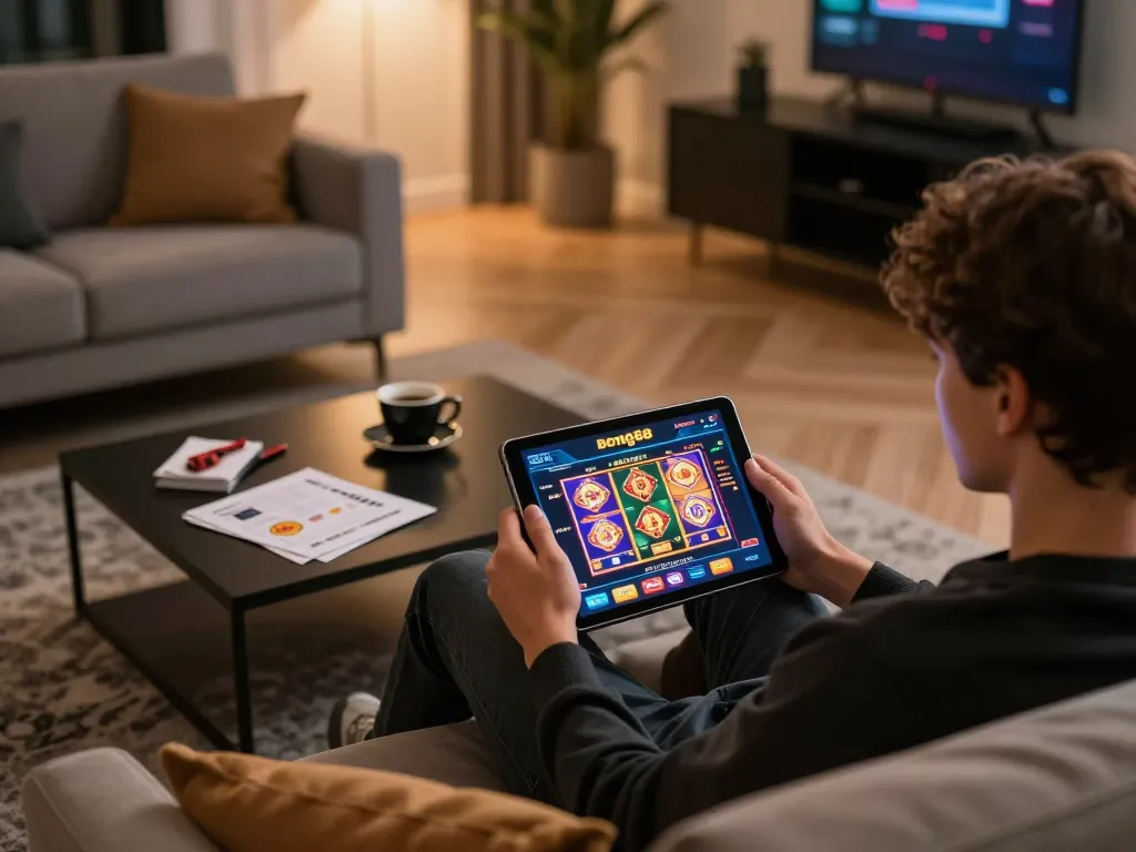 Engaging gameplay on Bong88 casino app, showcasing vibrant slots and strategic notes in a cozy setting.