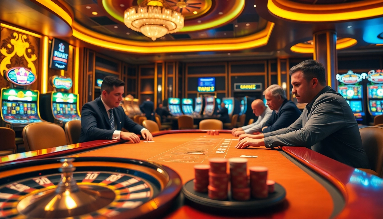 Players strategizing at a high-stakes poker table in a luxurious casino setting with juragan77 branding.