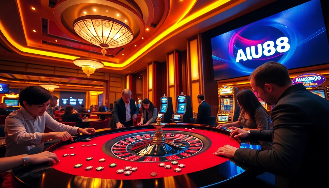 Experience the excitement of AU88 at a vibrant casino table with players and betting chips.