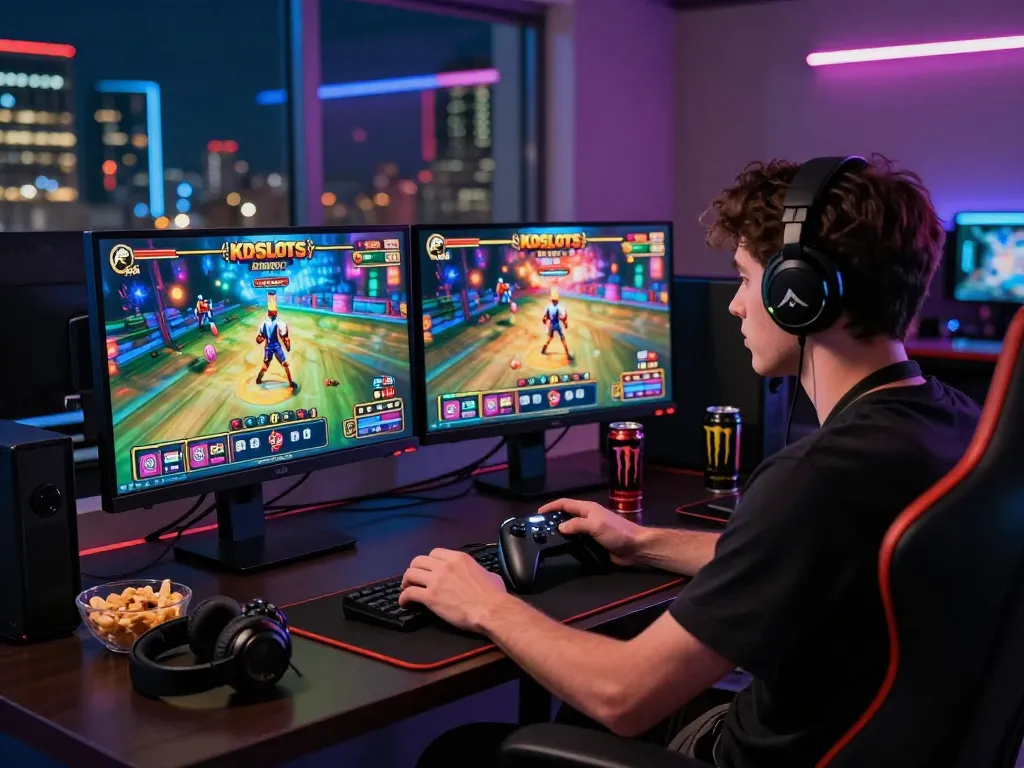 Player engaged in KDSLOT gaming on dual monitors with ambient lighting.