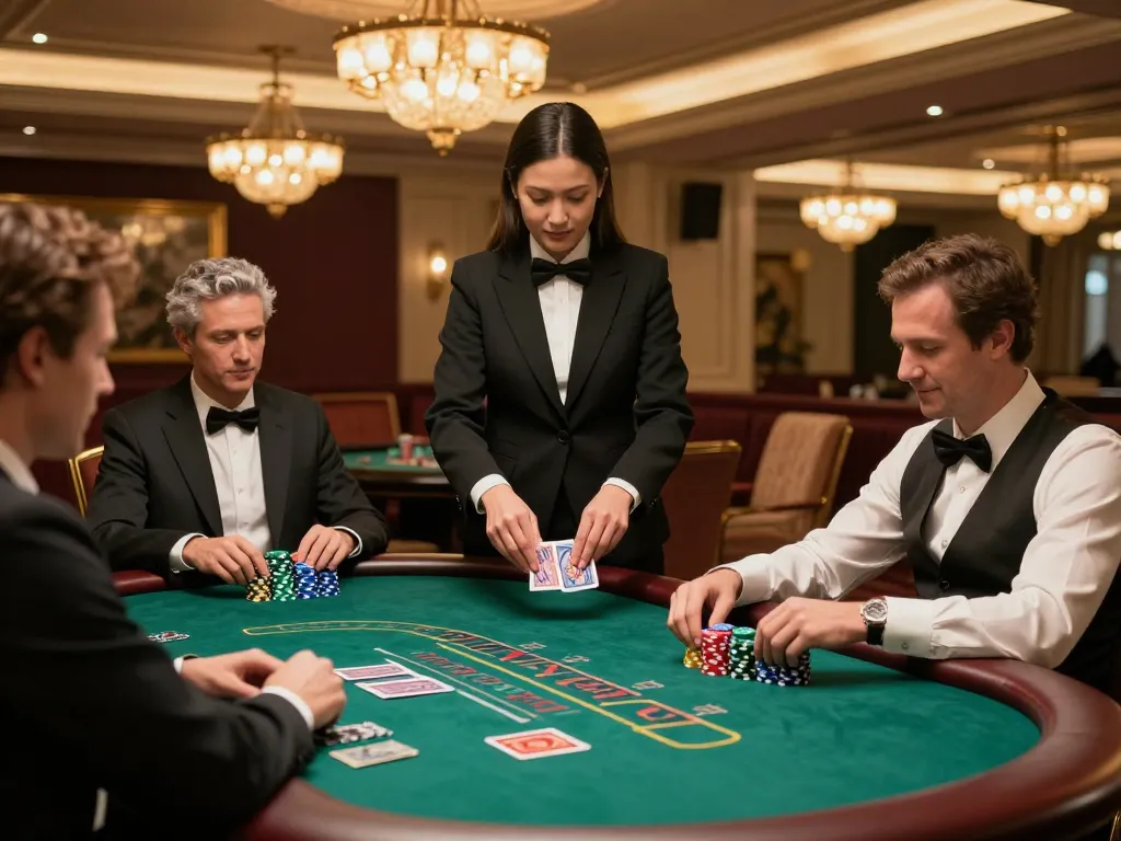 Players strategizing at LLWIN blackjack table with a professional dealer in an elegant casino.