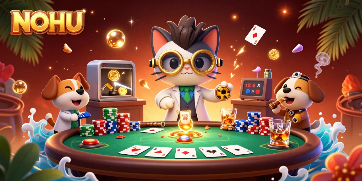 Engage in thrilling poker action at NOHU with an energetic cartoon scene filled with excitement.