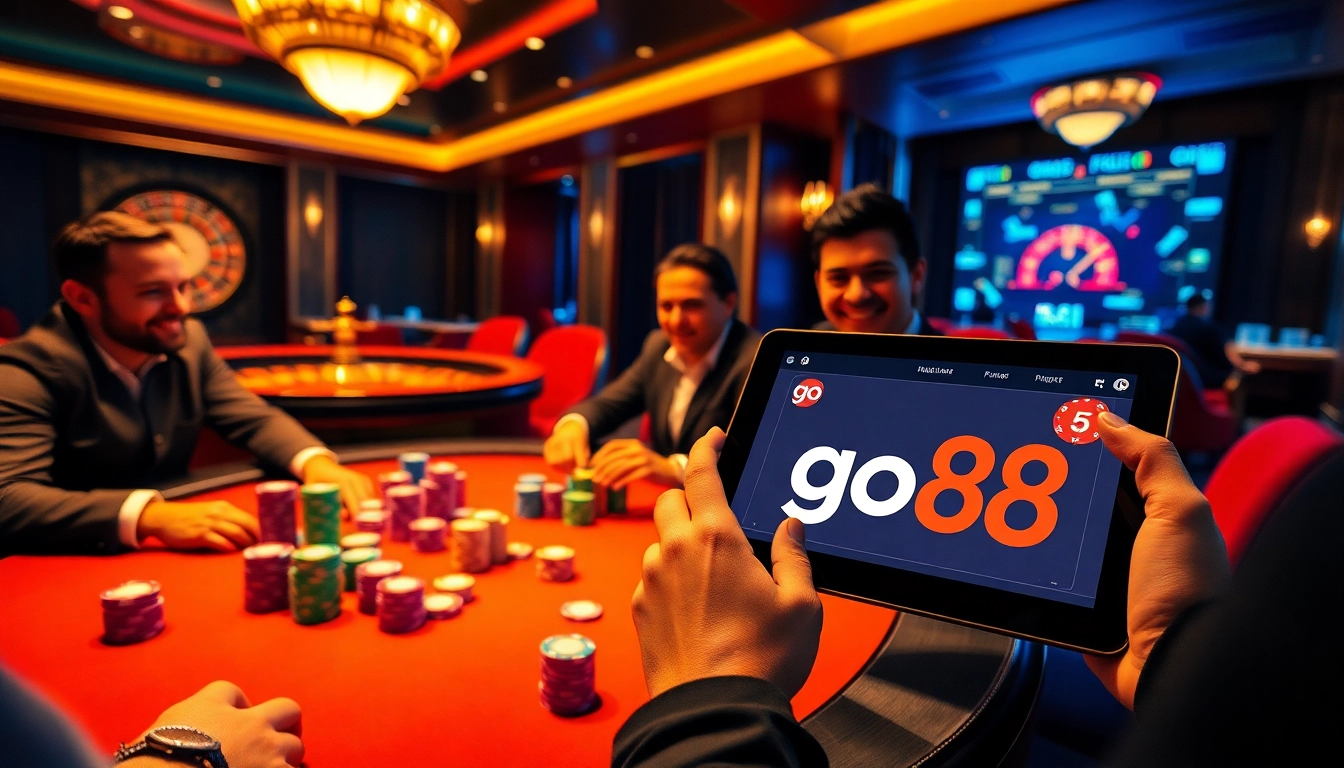Exciting casino scene featuring high-stakes action at a go88 poker table with vibrant chips and a roulette wheel.