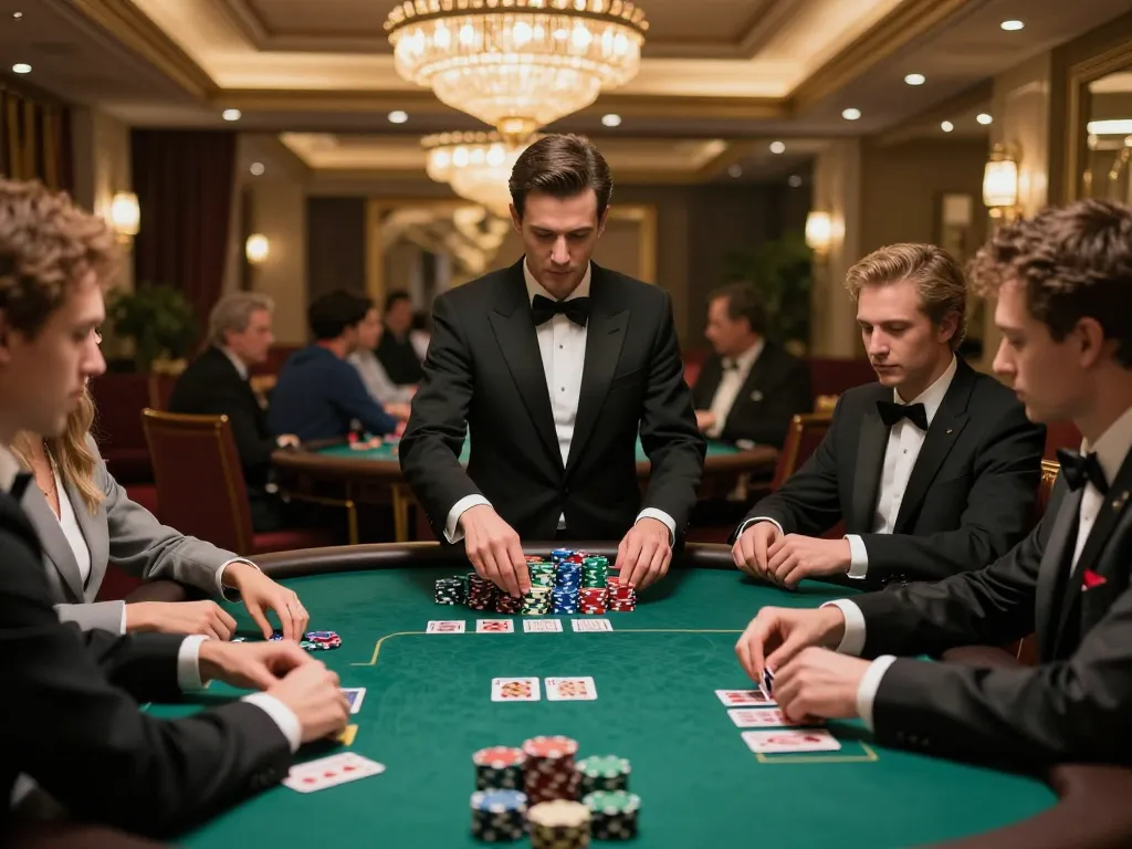 Players engaging in a high-stakes poker game at DEBET casino table, showcasing strategic gameplay.