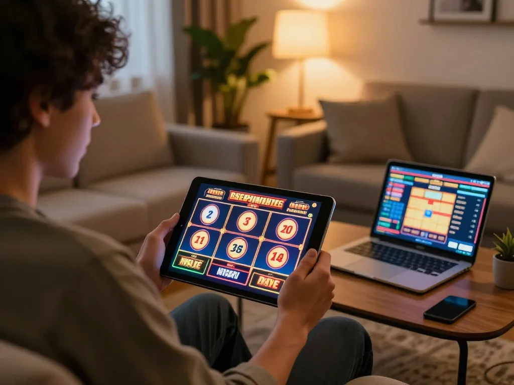 Player enjoying an exciting slot game on open88, immersed in a comfortable home environment with tablet.