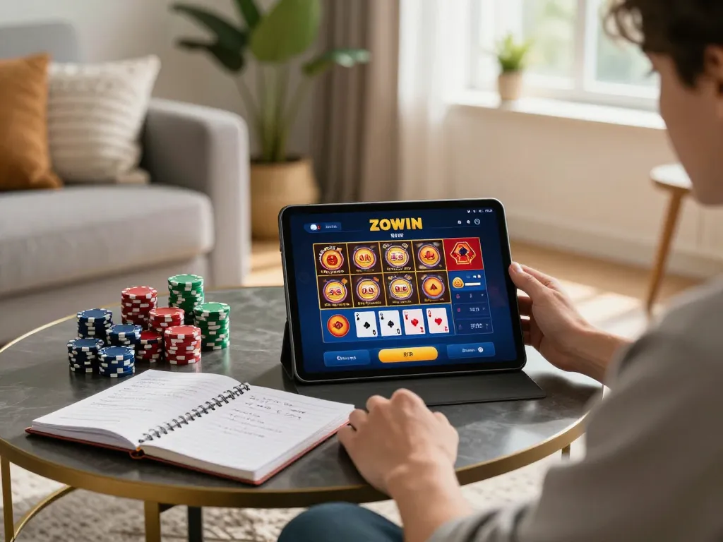 ZOWIN player strategizing with casino app on tablet in cozy home setting