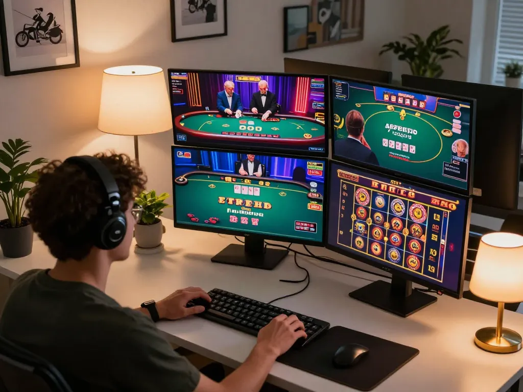 Engaged player enjoying QQ88 casino games on multiple screens in a modern home office setting.