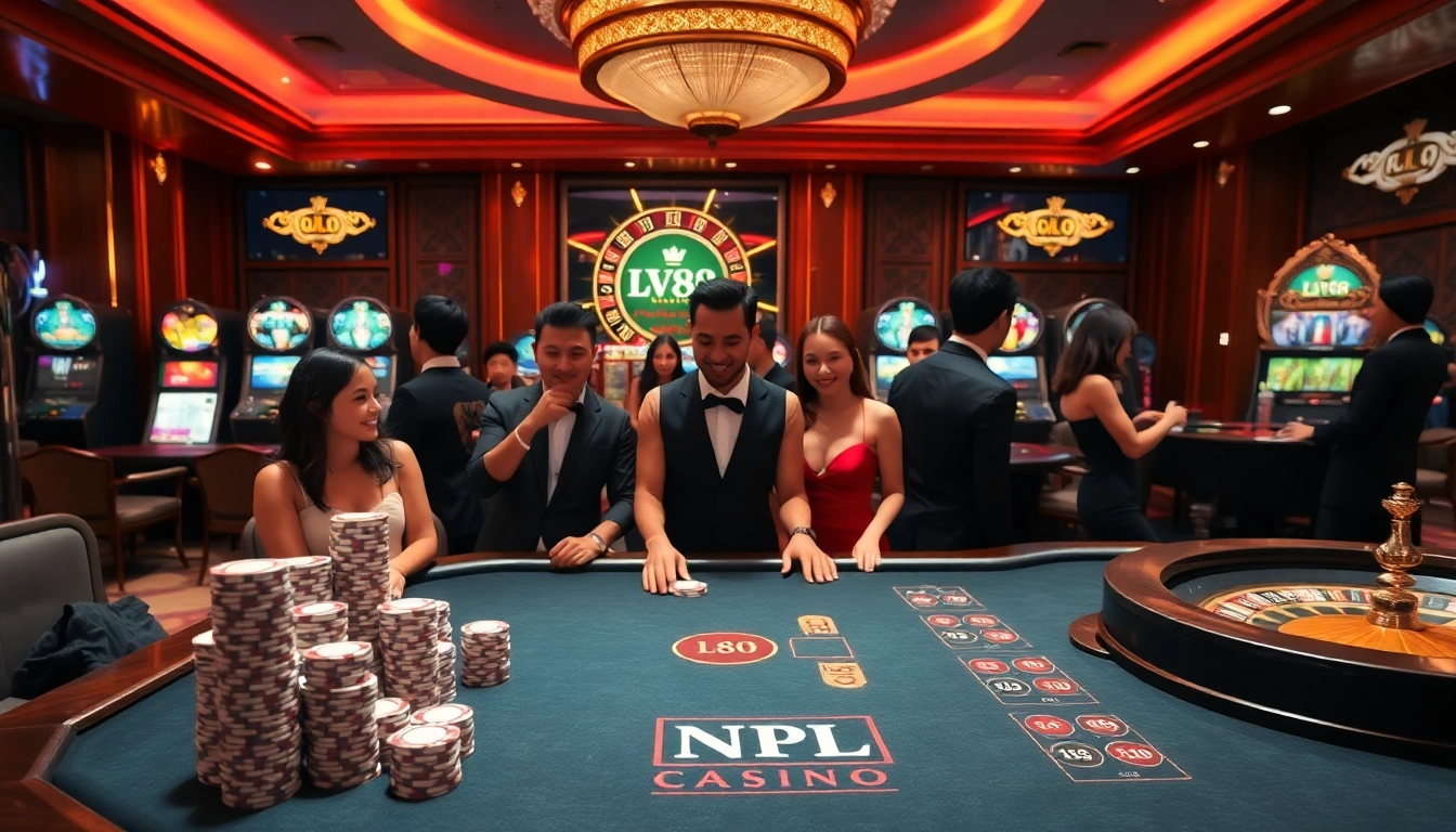 Players enjoying a thrilling experience at lv88 with professional poker chips and vibrant slot machines.