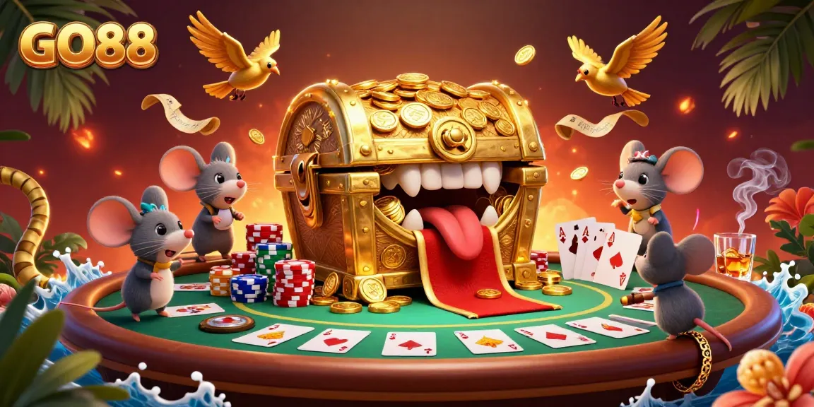 Experience GO88's vibrant casino scene with a golden treasure chest and poker elements for thrilling winnings.